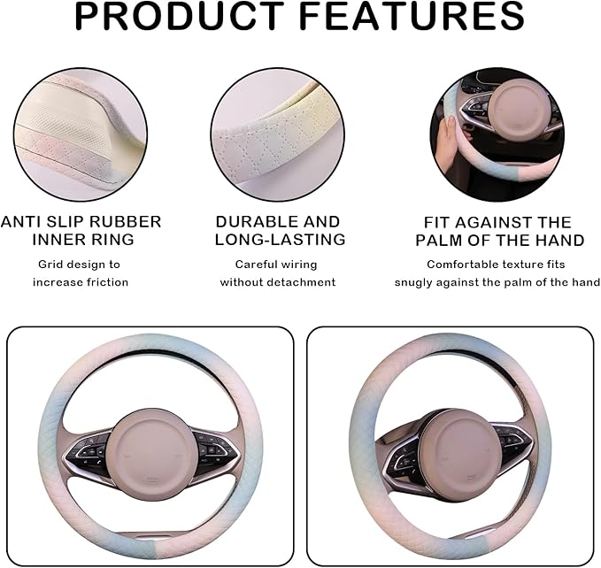 Steering Wheel Cover, with Non-Slip Lining, Cool in Summer Warm in Winter for Men Women, 14.5-15 Inch Non-Slip Breathable Lea