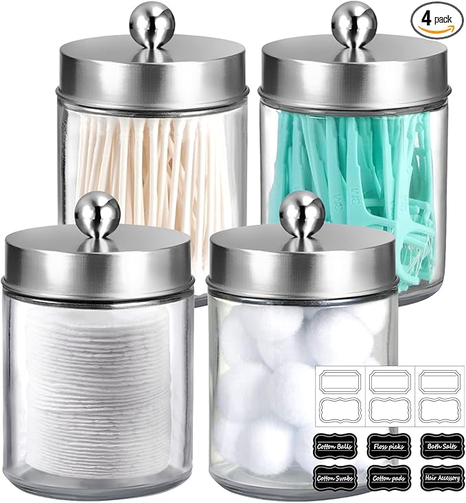 Amolliar 4Pc Apothecary Jars Bathroom Vanity Storage Organizer Set -Countertop Canister with Stainless Steel Lids &Stickers -