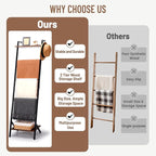 5 Tier Blanket Ladder with Shelf and Hooks, 4.8ft Metal Ladder Shelf Blanket Holder Storage Rack for Living Room, Free Standi