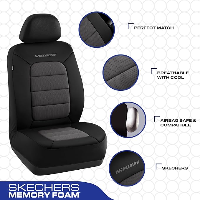 Skechers Memory Foam Car Seat Covers,Thick Cool Touch Fabric Seat Covers,Seat Cover Full Sets Airbag Compatible,Automotive Co