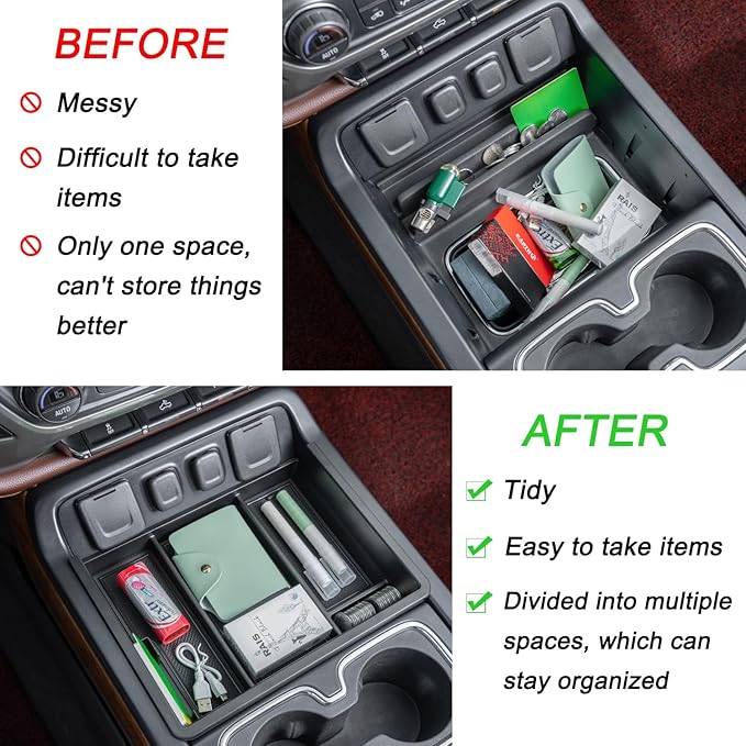 PIMCAR Center Console Organizer Tray for 2014-2018 Chevy Silverado GMC Sierra 1500 & 2015-2019 2500HD/3500HD Models - Custom Fit Storage Insert Accessories