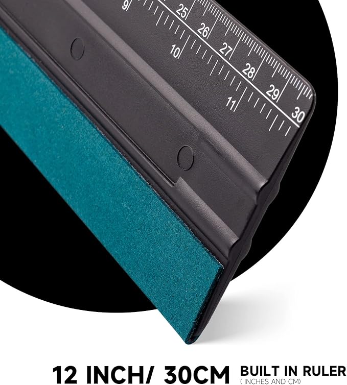 FOSHIO 12 Inch Felt Squeegee for Vinyl Built-in 30CM Ruler 4 Round Corners Universal Card Tint Squeegee with Suede Felt Edge, Window Tint Film Installing Hard Black PP Car Vinyl Wrap Scraper Tool