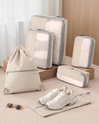 6 Set Compression Packing Cubes for Travel, Bonus Versatile Drawstring Backpack, Lightweight Luggage Organizer Bags, Sturdy T