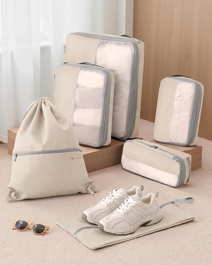 6 Set Compression Packing Cubes for Travel, Bonus Versatile Drawstring Backpack, Lightweight Luggage Organizer Bags, Sturdy T