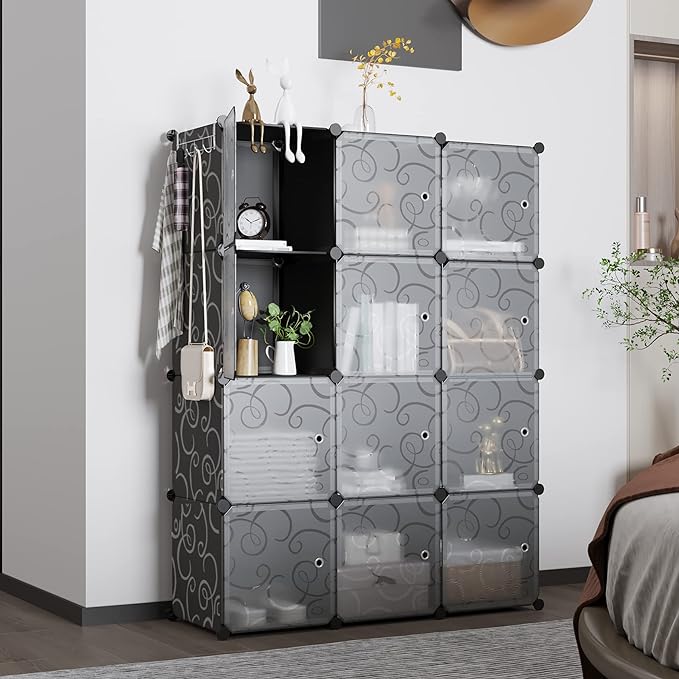 C&AHOME Cube Storage Organizer with Doors, 12-Cube Shelves, Closet Cabinet, DIY Plastic Modular Bookshelf Ideal for Bedroom, 