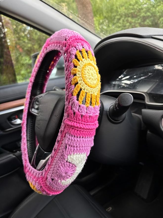 Handmade Crochet Sun and Moon Car Steering Wheel Covers Universal 14-15 inch for Women and Men (A,Steering Wheel Cover)