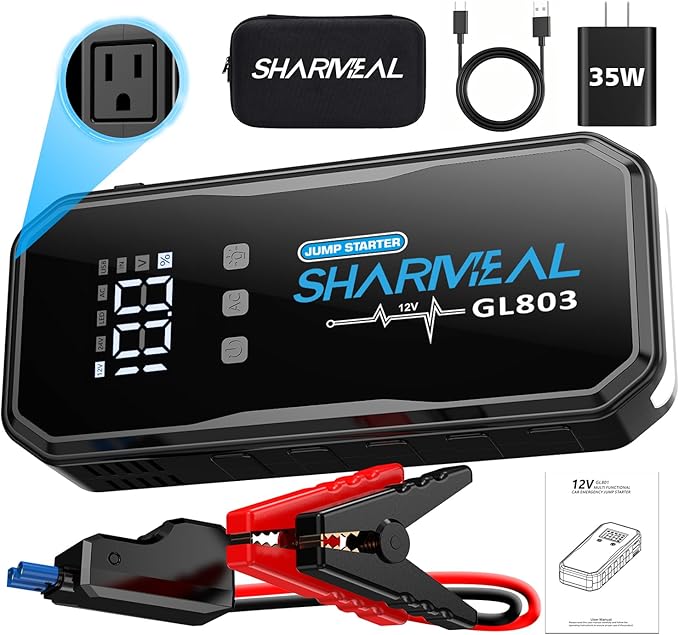 Sharmeal 22-in-1 9000A Jump Starter, 24000mAh Car Booster Pack with 80W AC Outlet & PD 35W Super Fast Charging, 12V Jump