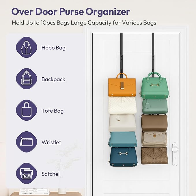 SWTYMIKI Over the Door Purse Organizer - 2 Packs Wall Mounted Purse Rack with 5 Hooks Design, Hanging Handbag Organizer Stora