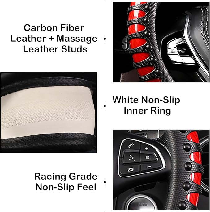 3D Massage Red Carbon Fiber Leather Steering Wheel Cover, 14.5-15 Inch Non-Slip Breathable Microfiber Car Steering Wheel Prot