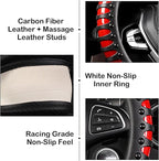 3D Massage Red Carbon Fiber Leather Steering Wheel Cover, 14.5-15 Inch Non-Slip Breathable Microfiber Car Steering Wheel Prot