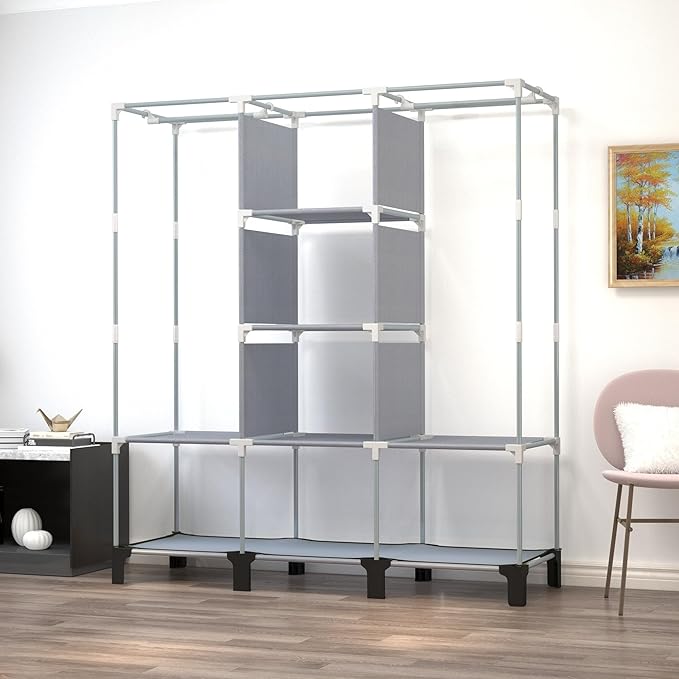 Portable Wardrobe with 10 Storage Racks and 2 Hanging Poles, 6 Side Pockets Non-Woven Cover, Size 130 x 45 x 172 cm, Bedroom 