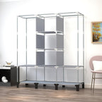 Portable Wardrobe with 10 Storage Racks and 2 Hanging Poles, 6 Side Pockets Non-Woven Cover, Size 130 x 45 x 172 cm, Bedroom 