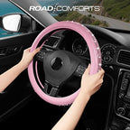 Road Comforts Bling Steering Wheel Cover – Pink Diamond Design, Universal Fit 14.5-15 Inch, Microfiber Leather, Anti-Slip & B