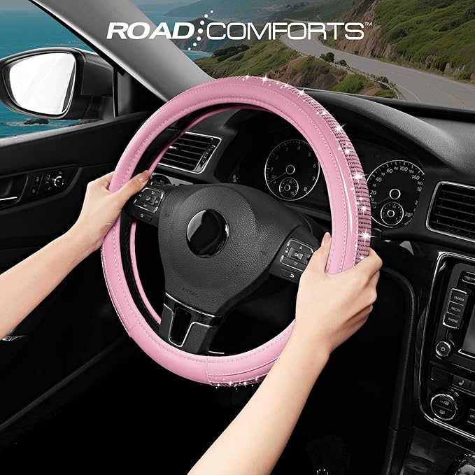Road Comforts Bling Steering Wheel Cover – Pink Diamond Design, Universal Fit 14.5-15 Inch, Microfiber Leather, Anti-Slip & B