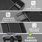 Muslogy Center Console Organizer Compatible with Ford Ranger XL XLT Lariat 2024 2025 2026 & Raptor Accessories Middle Console Storage Box Insert Tray ABS Material Divider with Insert Mats (Black)