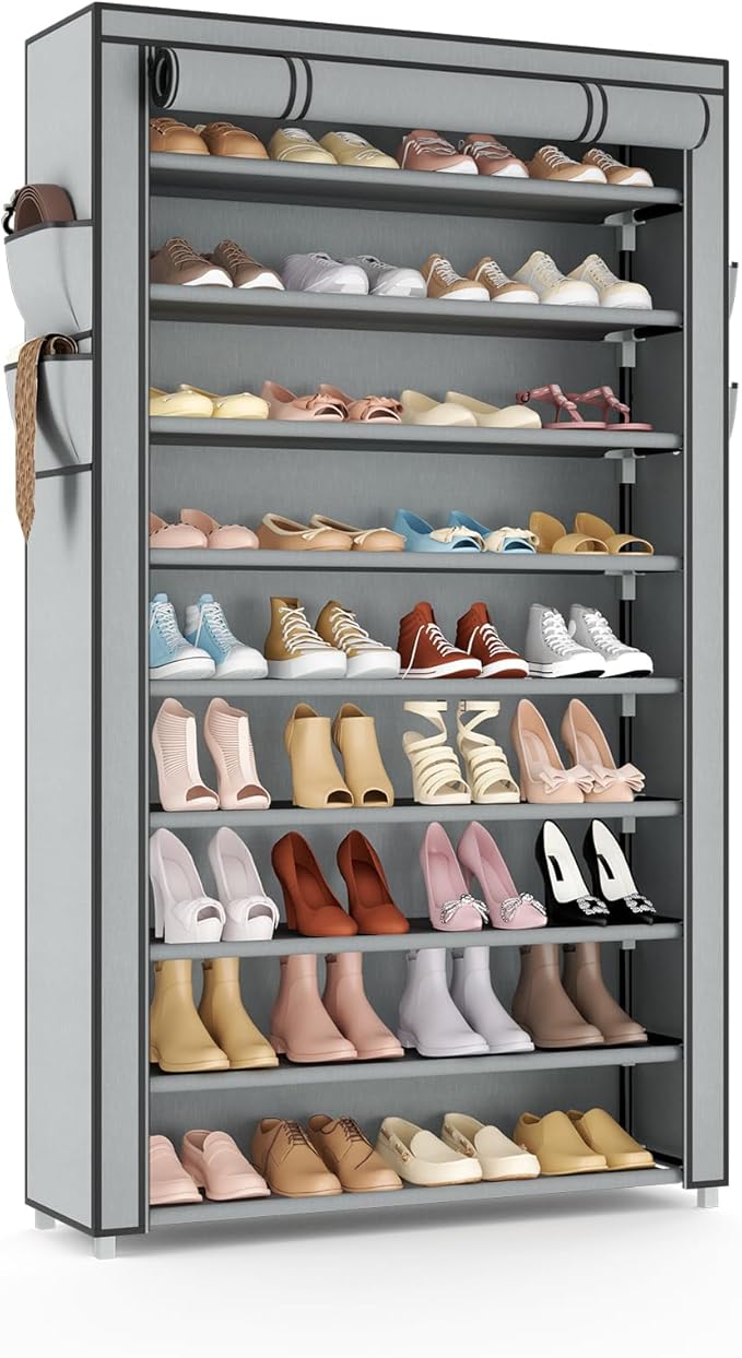 VILICK Shoe Rack with Cover Narrow Shoe Organizer with Pockets 10 Tier Tall Shoe Storage Holds 36-41 Pairs Shoes and Boots Sh