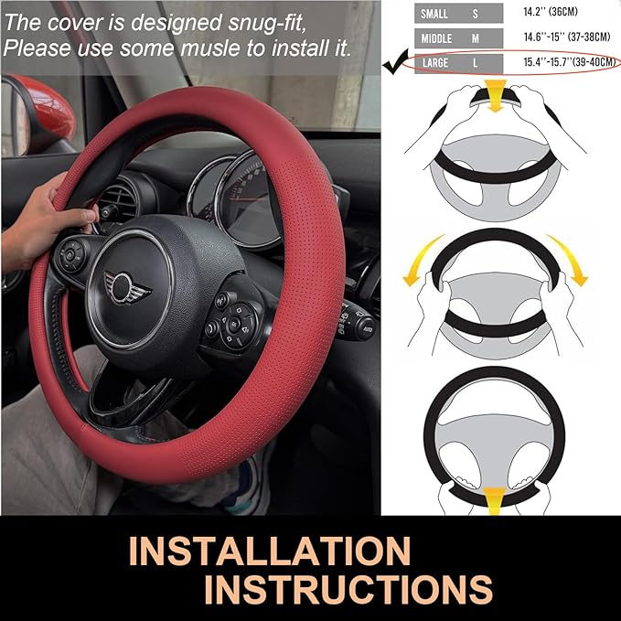 PINCTROT Large Size Nappa Leather Steering Wheel Cover, Slim Fit No Bulk Design, One Piece Leather with Breathable Perforatio