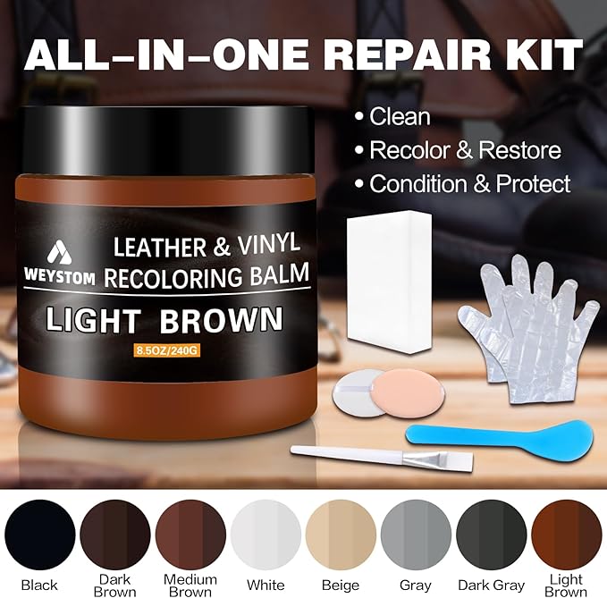 Leather Recoloring Balm - Light Brown Leather Repair Kit for Furniture, Dye, Recolor, Renew, Repair & Restore Aged, Faded, Cr
