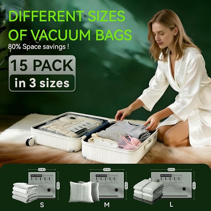 Vacuum Bags for Travel - USB Electric Pump, 15 Pack Carry-on Size Vacuum Seal Bags for Clothing - Space Saver Vacuum Storage 