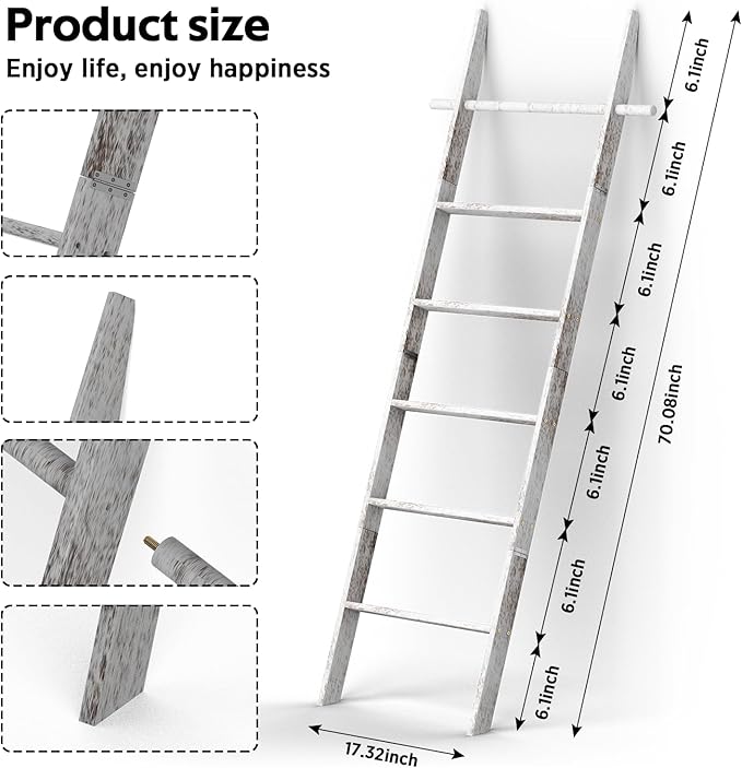 Farmhouse Wooden Blanket Ladder Living Room with Removable Hooks, 6-Tier Blanket Rack Decorative Stand, Leaning Towel Quilt R