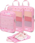 Kids Compression Packing Cubes, 4 Piece Set for Carry On Suitcase, Water Resistant Travel Luggage Organizers with Shoe Bag, T
