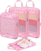 Kids Compression Packing Cubes, 4 Piece Set for Carry On Suitcase, Water Resistant Travel Luggage Organizers with Shoe Bag, T