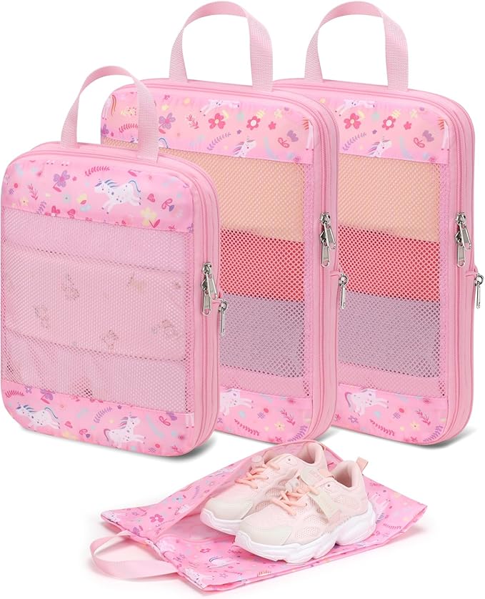 Kids Compression Packing Cubes, 4 Piece Set for Carry On Suitcase, Water Resistant Travel Luggage Organizers with Shoe Bag, T
