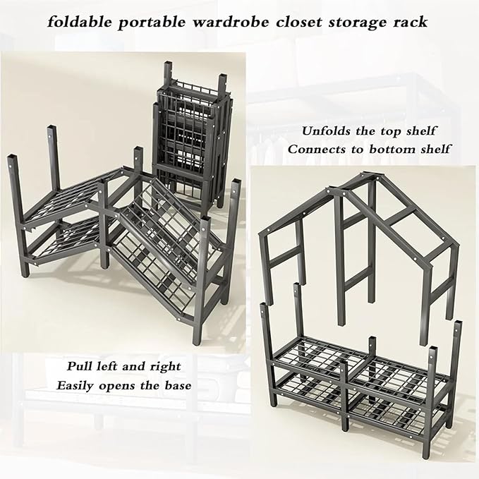 Metal Mobile Clothes Drying Rack - Fabric Wardrobe Closet, With Cover And Wheels Collapsible Clothes Rack, Heavy Duty Portabl