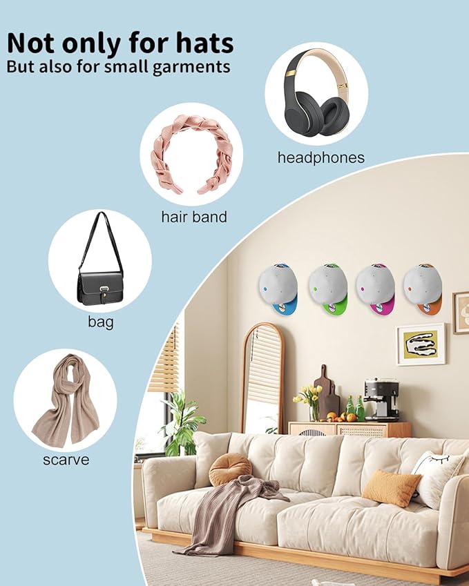 Adhesive Hat Hooks for Wall, Baseball Caps Strong Holdr, Ball Cap Hanger Wall Mount, Hat Display Rack, Hat Organizer Accessor