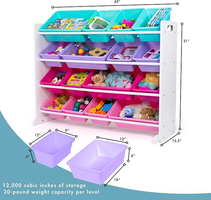 Humble Crew Supersized Toy Storage Organizer with 16 Removable Bins, White/Blue/Pink/Purple – Large Toy Storage for Toddlers 