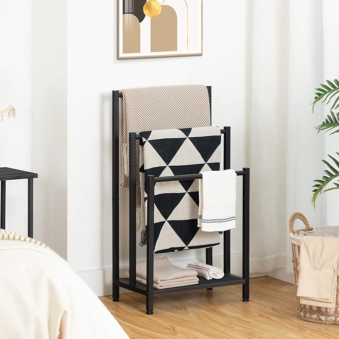 HOOBRO Free Standing Towel Rack, 3 Tier Blanket Rack, Blanket Holder for Bathroom, 16.9" L x 11" W x 31.9" H, Industrial Meta
