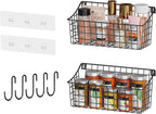 2 Pack Wall Hanging Baskets for Organizing, Large Metal Wire Basket with 5 Hooks+2 Strong Long Adhesive Hooks,Kitchen Hanging