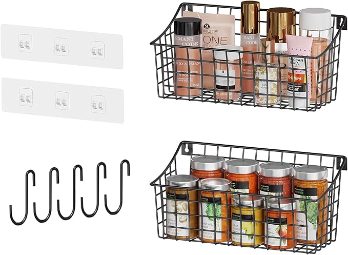 2 Pack Wall Hanging Baskets for Organizing, Large Metal Wire Basket with 5 Hooks+2 Strong Long Adhesive Hooks,Kitchen Hanging