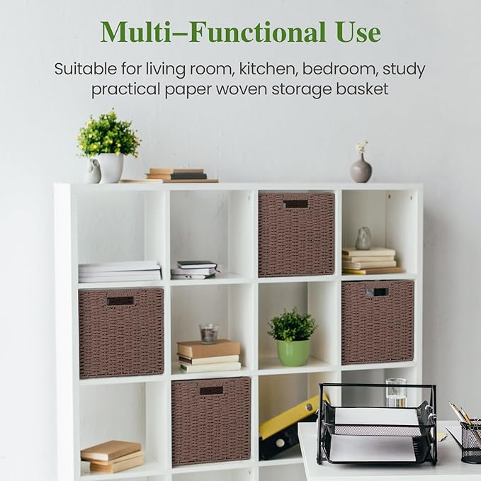 Woven Wicker Storage Baskets 2-Pack, 11x11 Handwoven Paper Rope Organizer Bins, Foldable Cube Storage Cubes with Built-in Han