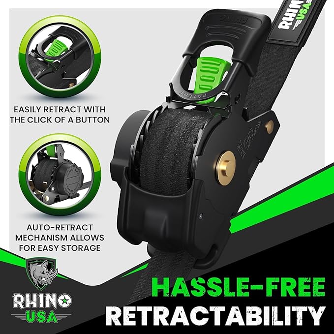 Rhino USA Retractable Ratchet Straps (4-Pack) - 1 Inch x 10 Feet (1,209lb Break Strength) - Auto Self Retracting Tie Down Straps for Truck, Cargo Trailer, Motorcycle, ATV, UTV - Black