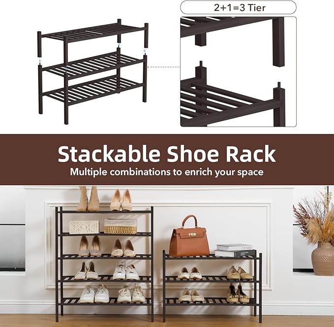 3 Tier Bamboo Shoe Rack Storage Organizer for Closet, Multifunctional Stackable Free Standing Shoe Shelf Organizer for Small 