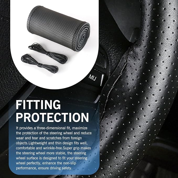 Car Steering Wheel Cover, DIY Hand-sewn Genuine Anti-slip Protector with Needle and Thread, Breathable Perforated Comfortable