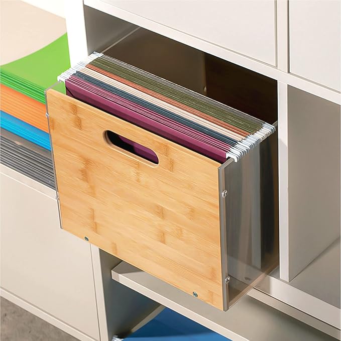 Sbanmao Clear Acrylic File Box Organizer, Bamboo Hanging Folder Storage Boxes, Filing Crate Bin Holder with Handle for Home O