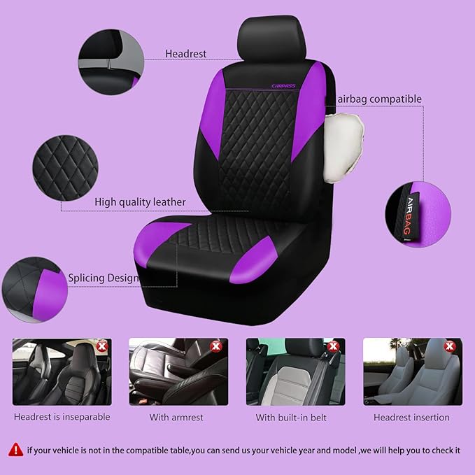 CAR PASS Purple Leather Seat Covers, Quilting Pretty Car Seat Cover with 5mm Composite Sponge Inside,Airbag Compatible,Univer