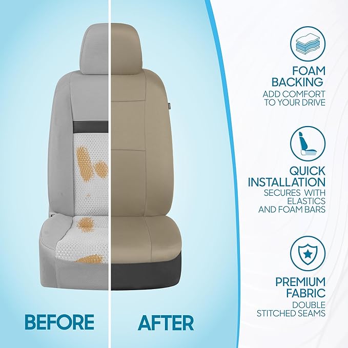 BDK PolyPro Car Seat Covers Full Set in Solid Beige, Front and Rear Split Bench Seat Covers for Cars, Easy to Install Car Sea