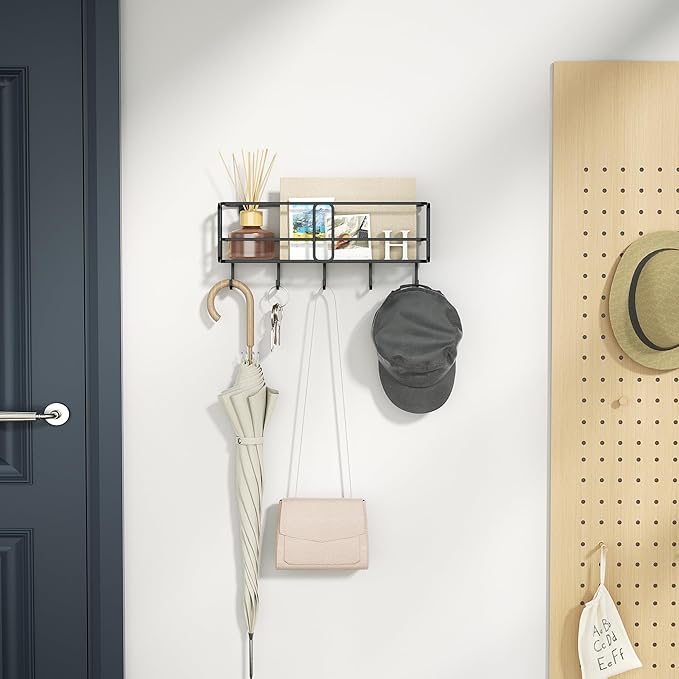 SRIWATANA Key Holder for Wall, Mail Organizer Wall Mount with Metal Storage Basket, Key Holder with 5 Hooks for Entryway, Off