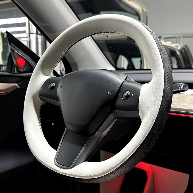 MEWANT Hand Stitched Real Leather Steering Wheel Cover for Tesla Model 3 2017-2023 / Model Y 2020-2023 for Tesla Model 3/Y Accessories(3D Style)