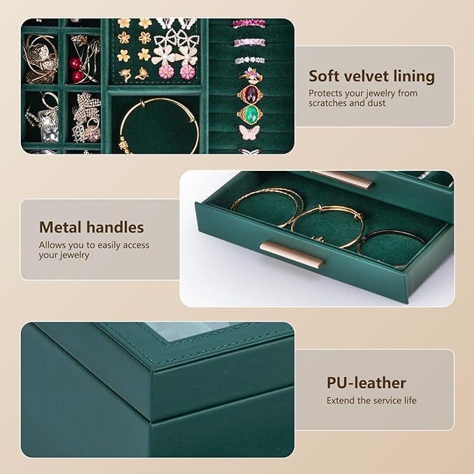 3-Layer Jewelry Box for Women, Jewelry Organizer with Glass Lid and Drawers, Jewelry Organizers and Storage for Necklaces, Ri