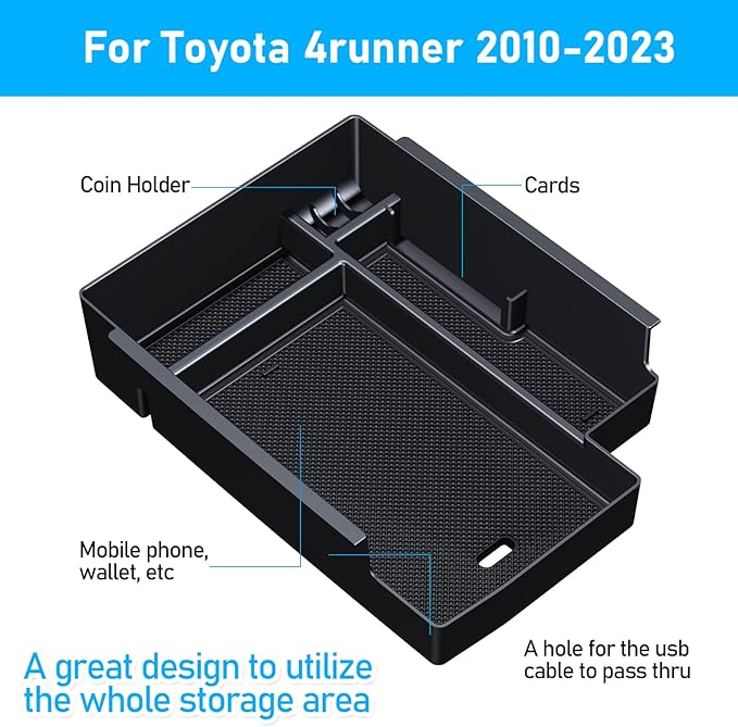 Upgraded Center Console Organizer for Toyota 4Runner 2024 2023 2022 2021 2020 2019 2018 2017 2016-2010 Full Size Tray Interior Accessories, Insert Armrest Box Secondary Storage ABS Material