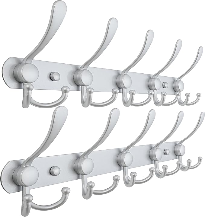 Dseap Coat Rack Wall Mounted - 5 Tri Hooks, Heavy Duty, Stainless Steel, Metal Coat Hook Rail for Coat Hat Towel Purse Robes 