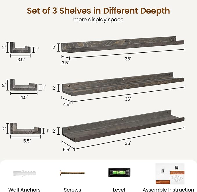 Picture Ledge Wall Shelves - 36 Inch Width Set of 3, Solid Pine Wood Rustic Floating Ledge Shelves for Kids' Room, Bedroom, K