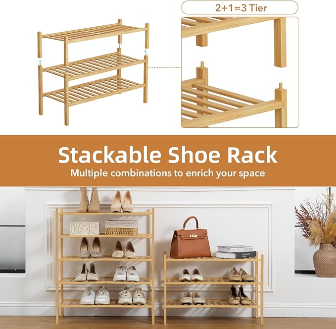 3 Tier Bamboo Shoe Rack Storage Organizer for Closet, Multifunctional Stackable Free Standing Shoe Shelf Organizer for Small 