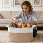 96L Large Blanket Basket,24"x16"x15"Rectangle Storage Bin with Handles,Woven Rope Laundry Basket for Toys, Clothes,Magazines,