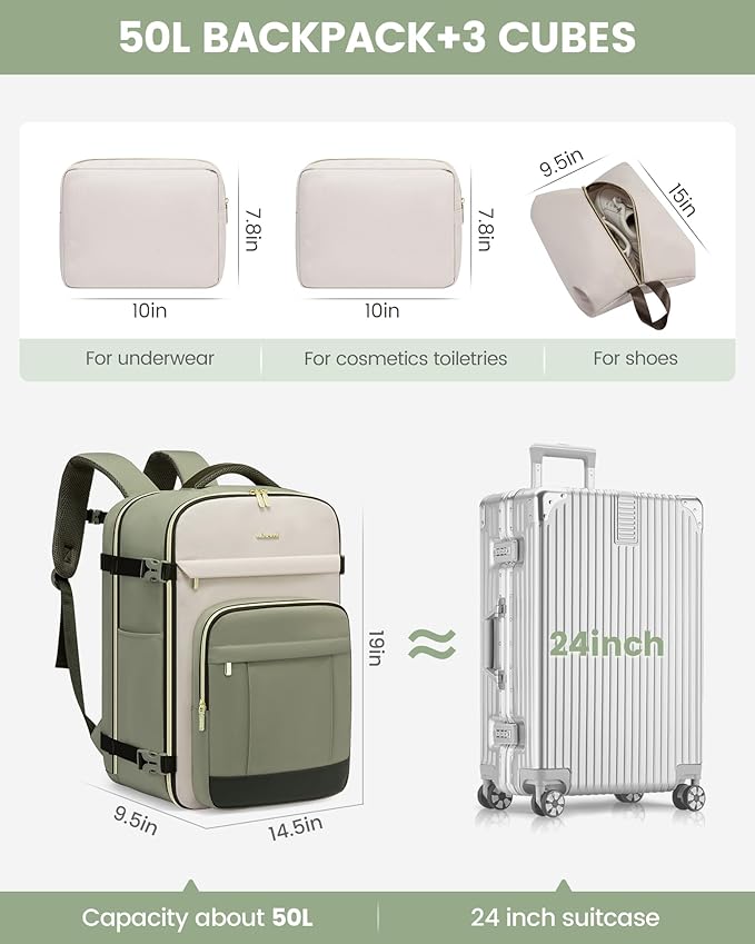 LOVEVOOK 50L Travel Backpack for Women & Men - 18 Inch Carry On Backpack & Personal Item Backpack for Airlines, Spacious and 