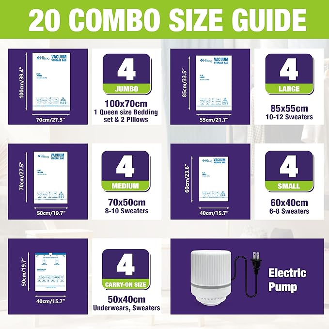 HIBAG Vacuum Storage Bags with Electric Pump, Vacuum Seal Bags for Clothing, Pillows, Blanket Bedding Comforters, 20 pack